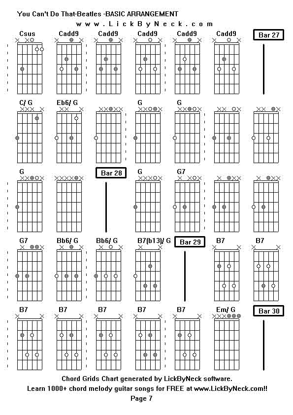 Chord Grids Chart of chord melody fingerstyle guitar song-You Can't Do That-Beatles -BASIC ARRANGEMENT,generated by LickByNeck software.